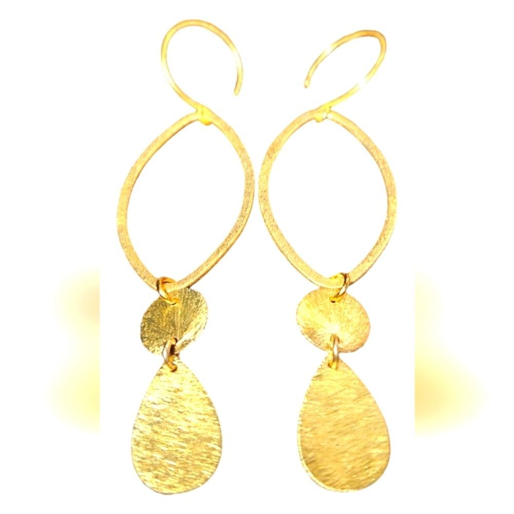 Gold Earrings Long Teardrop Lightweight Brushed Hammered Handmade Mod BOHO 18K